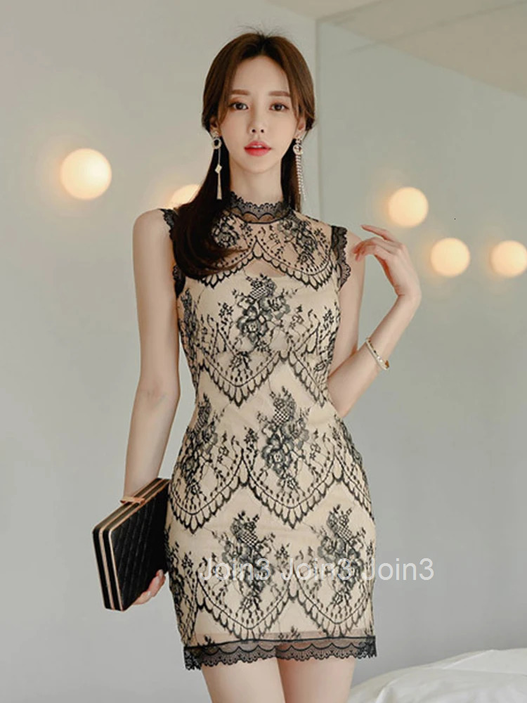 New Arrival Fashion Lace Dress Women Elegant Summer Sexy Perspective Sleeveless Party Temperament Black Simple Mini Dress