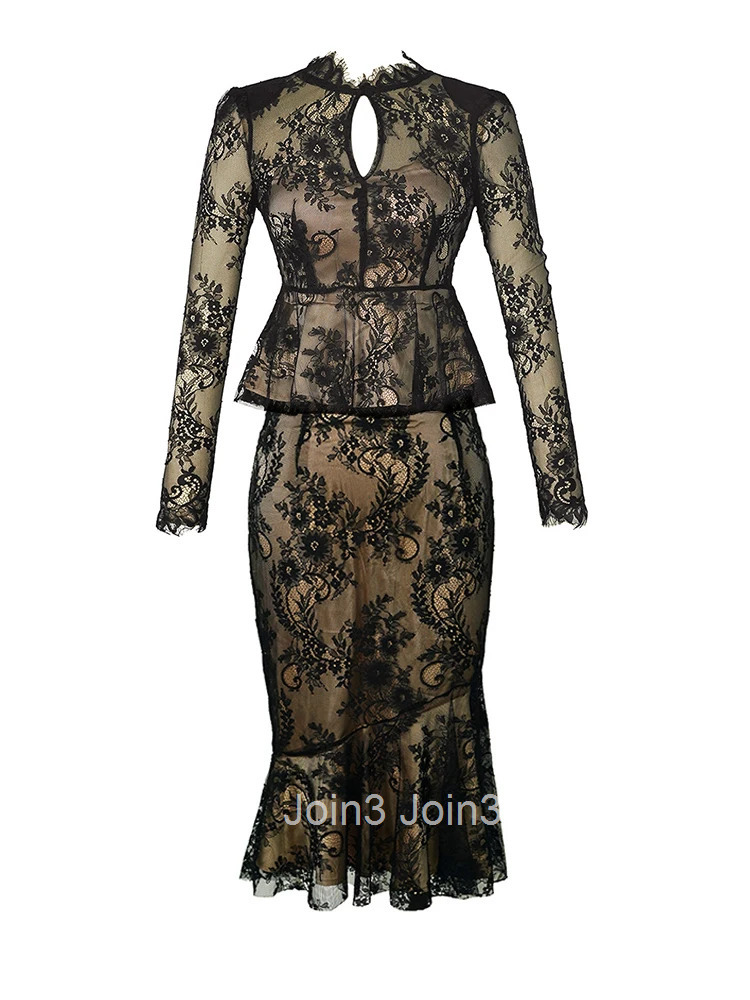 Spring Autumn Lace Sheer Club Sexy 2 Pieces Outfits Elegant Women Short Tops Shirt Blouse Femme High Waist Midi Skirt Mujer Sets