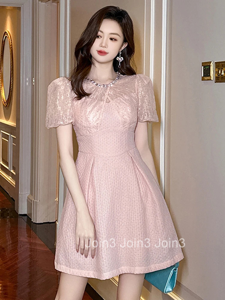 Women Clothes Sweet Pink Lace Sheer Sexy O-Neck Slim A-Line Mini Short Dress Elegant Ladies Fashion Evening Party Prom Vestidos