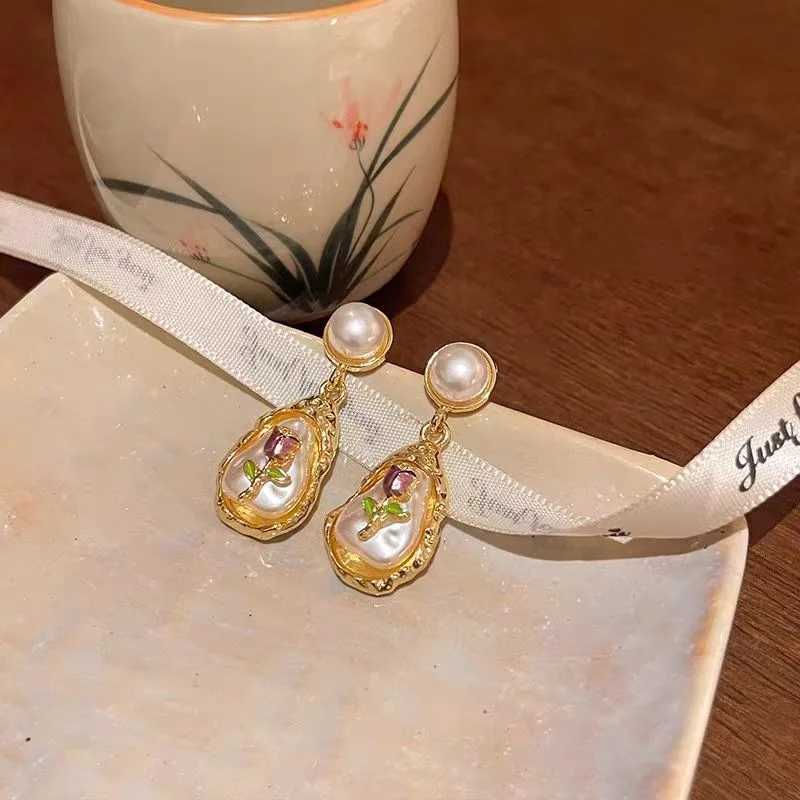 Baroque Imitation Pearl Flower Waterdrop Dangle Earrings for Women Painting Style Elegant Punk Simple Jewelry Trend Accessories XJ250623