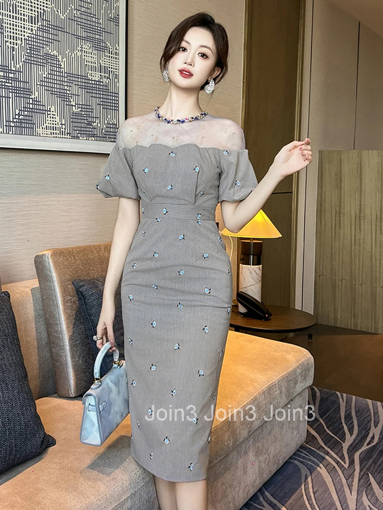 New Summer Striped Flower Embroidery Evening Dress Women Clothes Elegant Retro Bubble Sleeve Slim Midi Pencil Party Prom Vestido