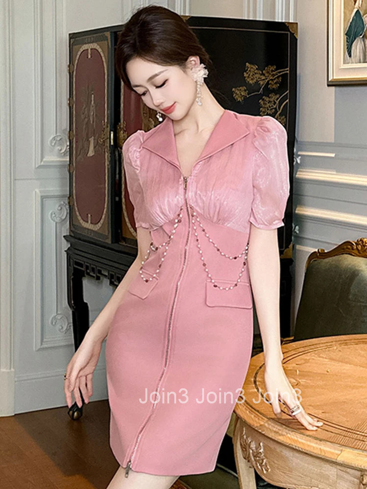 Women Clothes Fake 2-Piece Lapel Puff Sleeve Slim Mini Short Pencil Dress Elegant Fashion Party Vestidos Formal Occasion Casual