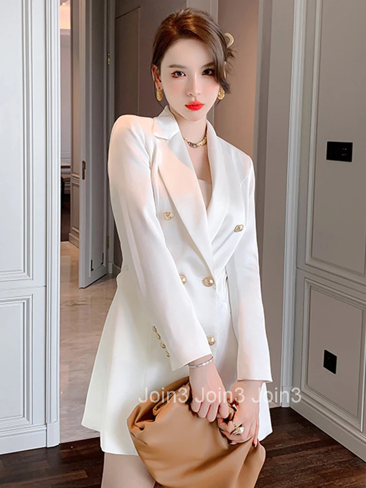 Fashion Vintage Blazer Double breasted Long Sleeve Mini Dress Women OL Elegant Casual White Imitation Silk Acetate Female Dress