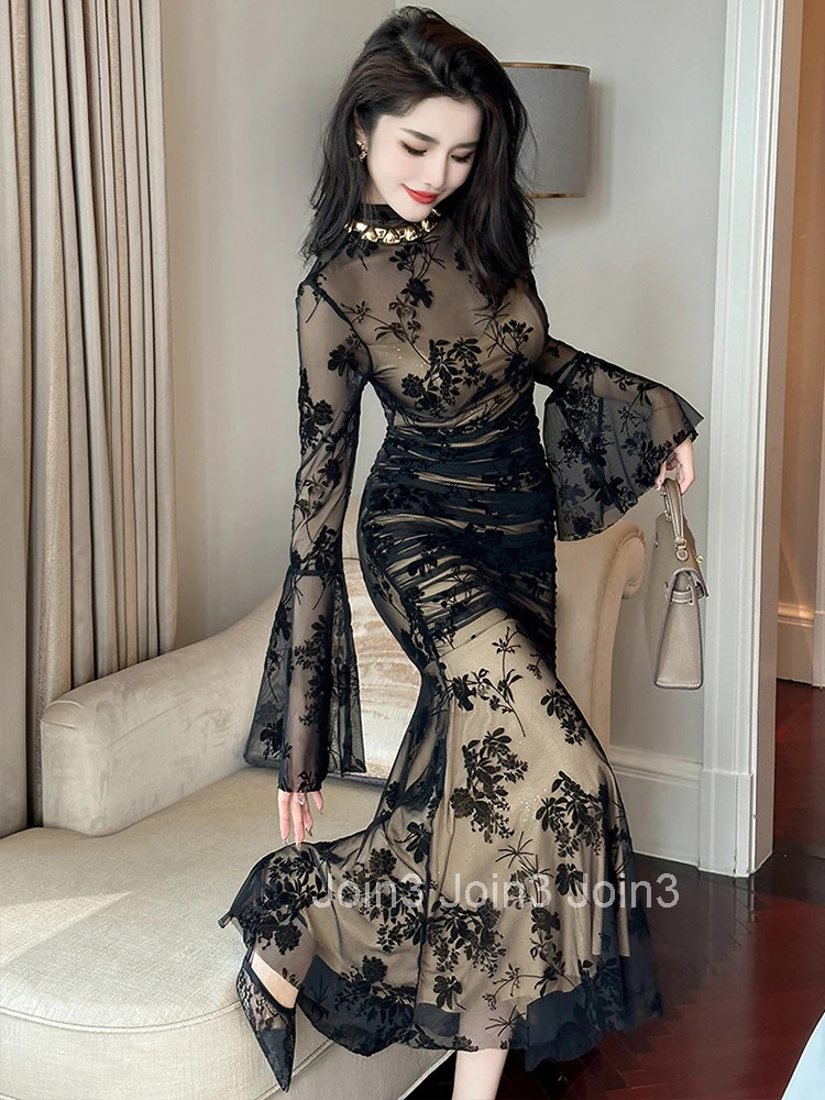 Fashion Mesh Sexy Long Evening Dress Women Ladies Chic Flare Sleeve Skinny Maxi Party Prom Robe Mujer Vestidos Elastic Clothing