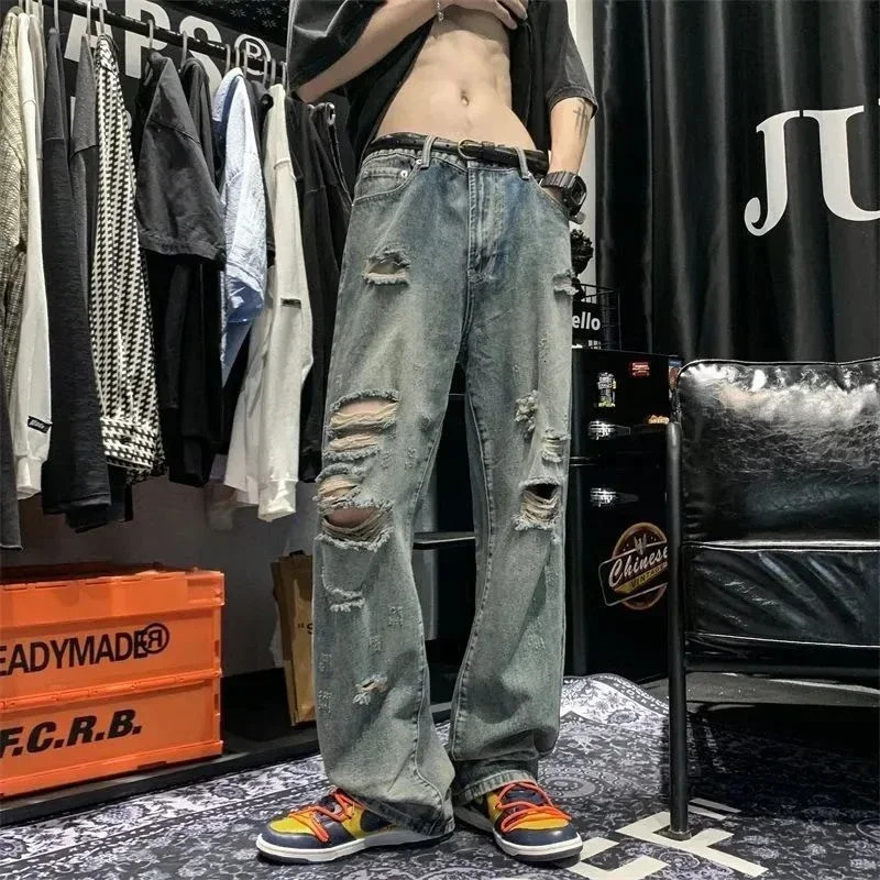 Trousers Torn with Holes Mens Jeans Broken Man Cowboy Pants Wide Leg Ripped Straight Hip Hop Y 2k Vintage Washed Y2k Stylish Xs 250617
