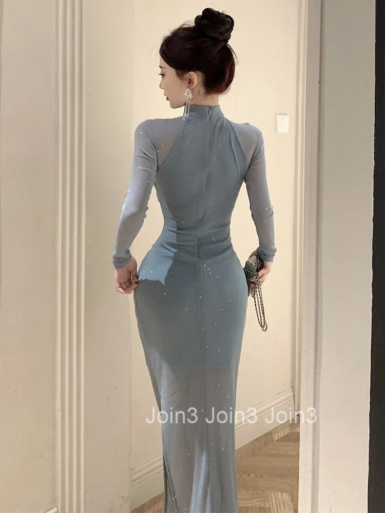 Fashion Lady Mesh Sparkly Evening Long Dress Women Clothes Elegant Hollow Sexy Long Sleeve Skinny Party Prom Mujer Vestidos Robe