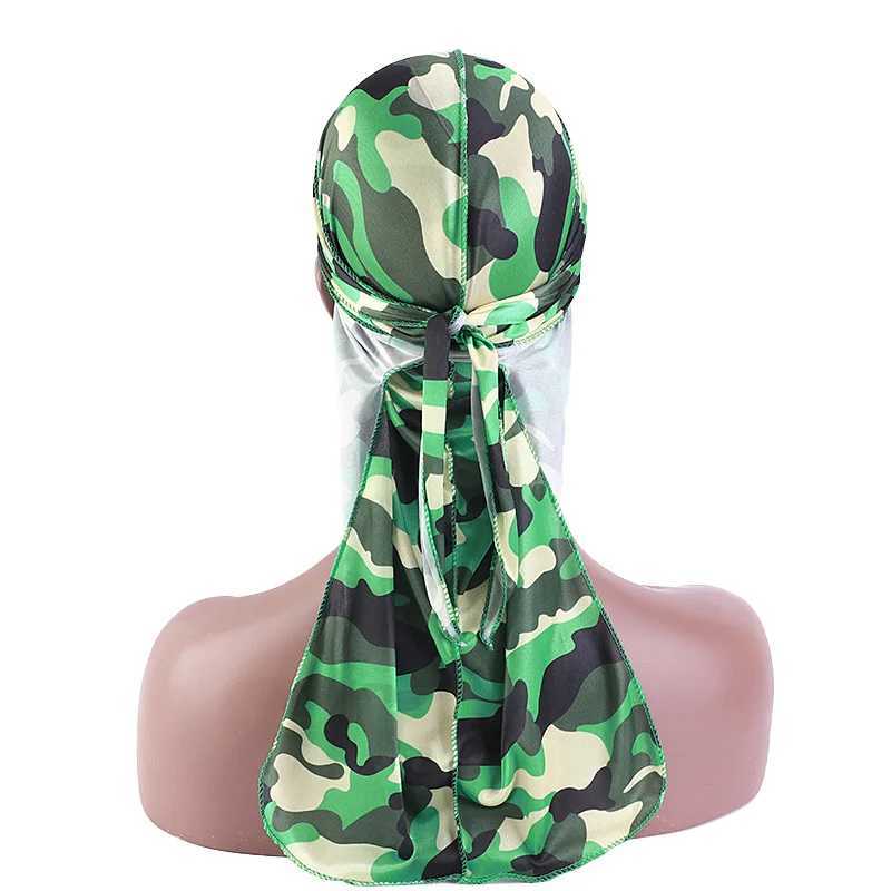 Fashion Camouflage Printed Long Tail Pirate Hat Silky Satin Durags Bandana Mens Silky Durags Turban Hat Adjustable Headwrap M250623