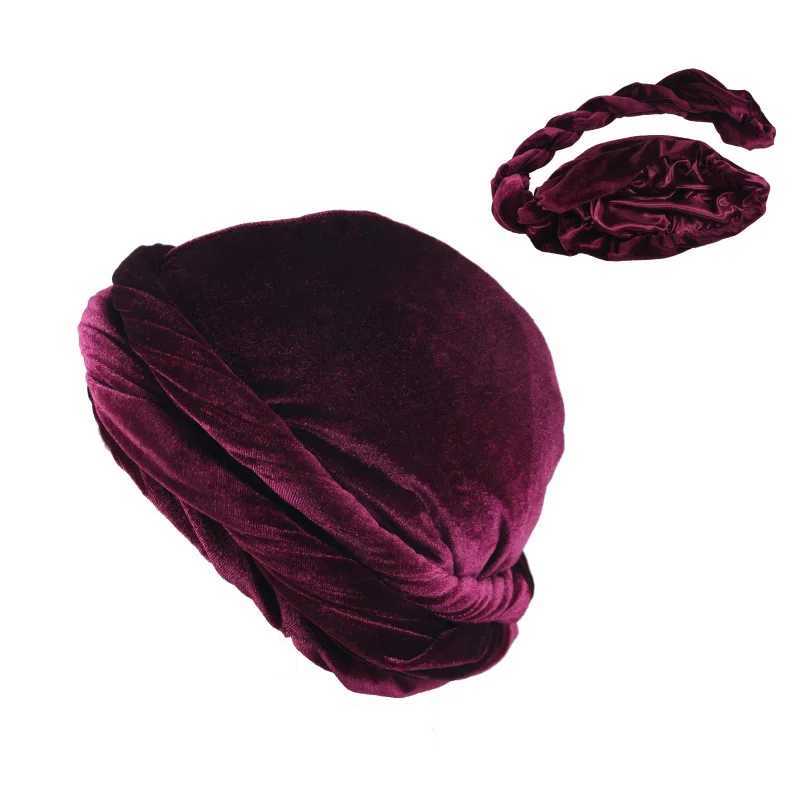 Solid Color Mens Velvet Head Scarf Ethnic Braided Double Layer Satin Inside Man Turban Hats Fashion Designer Silk Durag M250623