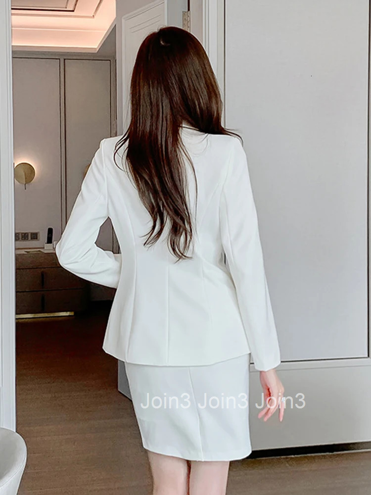 Fashion Korean Style Vintage Women White Temperament Notched Neck Coat Jacket Suit Blazer High Waist Skirt Female 2 Pieces Set
