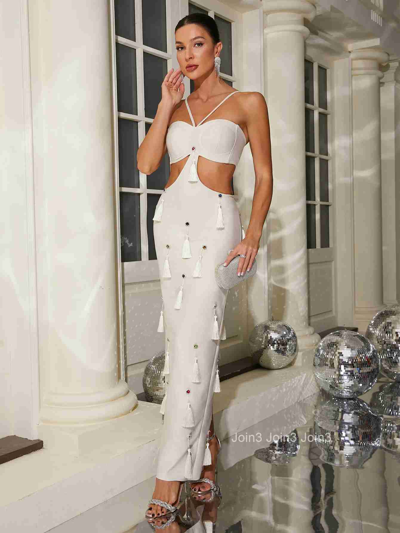 Fashion Suspender Bandage Dress With Hand Woven Tassel Design Elegant Long Vestidos Sexy Hollow Out Backless Cocktail Party Wear