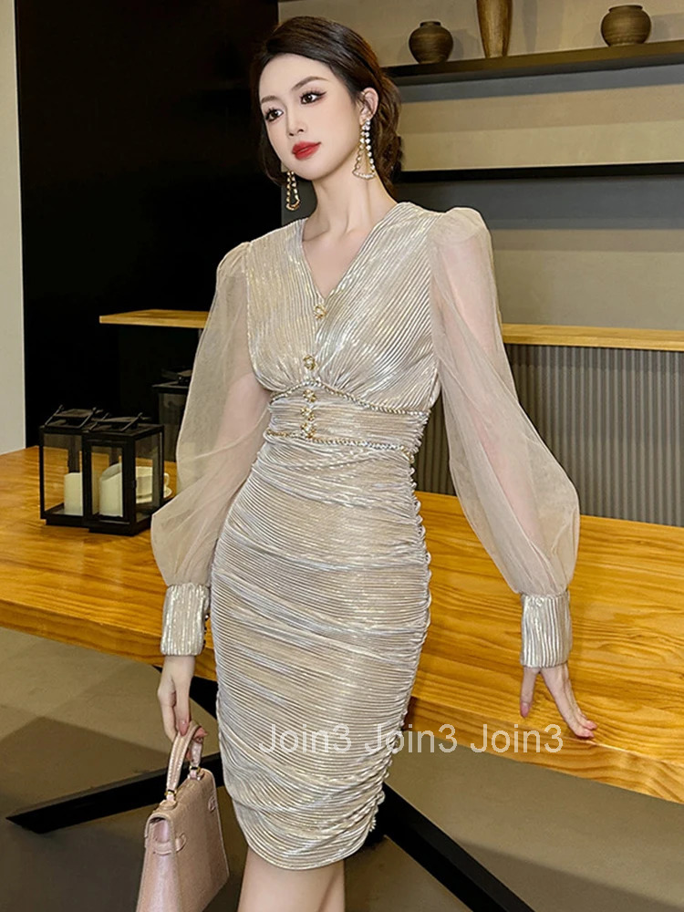 New Fashion Lady Sparkly Gold Bright Silk Evening Short Dress Women Clothing Elegant Luxury Sexy V-Neck Slim Party Prom Vestidos