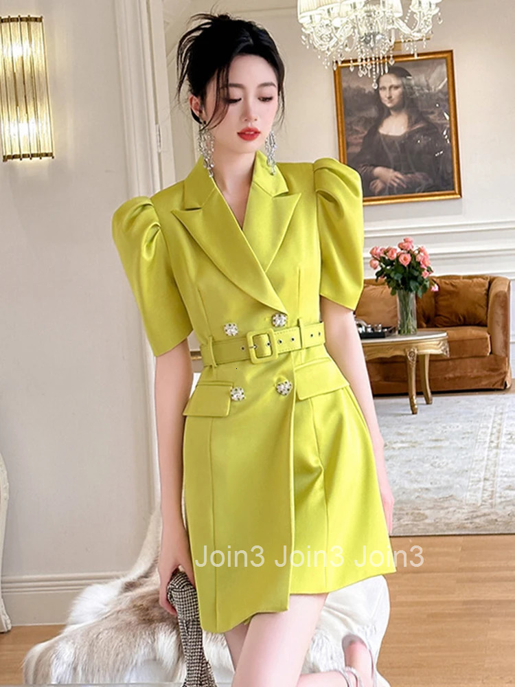 New Summer Luxury Elegant Women Evening Short Dress Blazer Commute Formal Satin Puff Sleeve Belt Slim Mini Party Mujer Vestidos