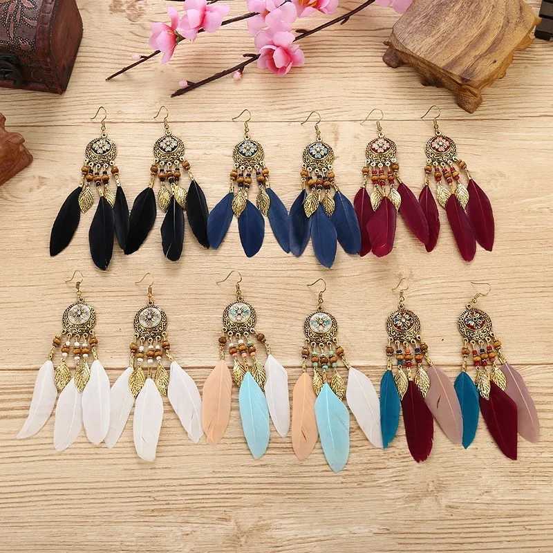 Boho Feather Tassel Earrings 2024 Train Elegant Antique Alloy Carved Wood Bead Dangling Earrings Women Party Jewelry XJ250623