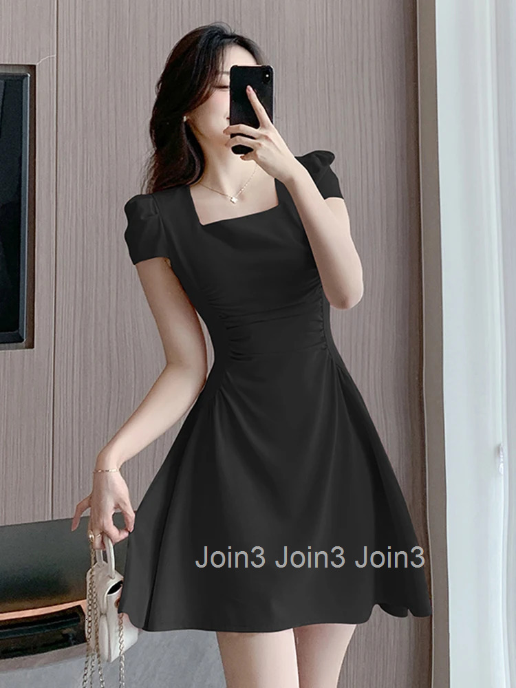 Summer Short Dress Women Clothing Elegant Pretty Formal Sweet Pink Black Chic Short Sleeve Slim Folds Mini Party Mujer Vestidos