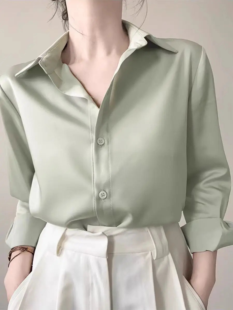 Simple Womens Satin Shirts Thin Spring Solid Color Long Sleeve Advanced Sense Top Office Elegant Ladies Work Wear Fashion 250617
