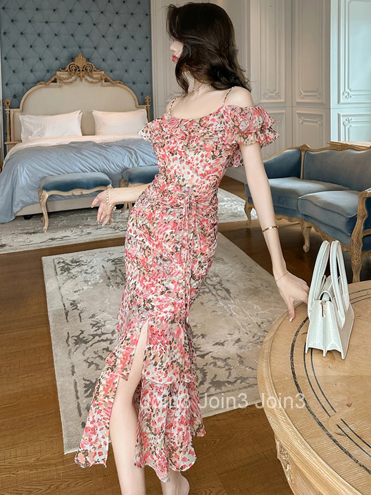 Fashion Summer Print Long Dress Women Ladies Clothes Elegant Pretty Chiffon Sexy Strap Slim Slit Midi Party Beach Mujer Vestidos