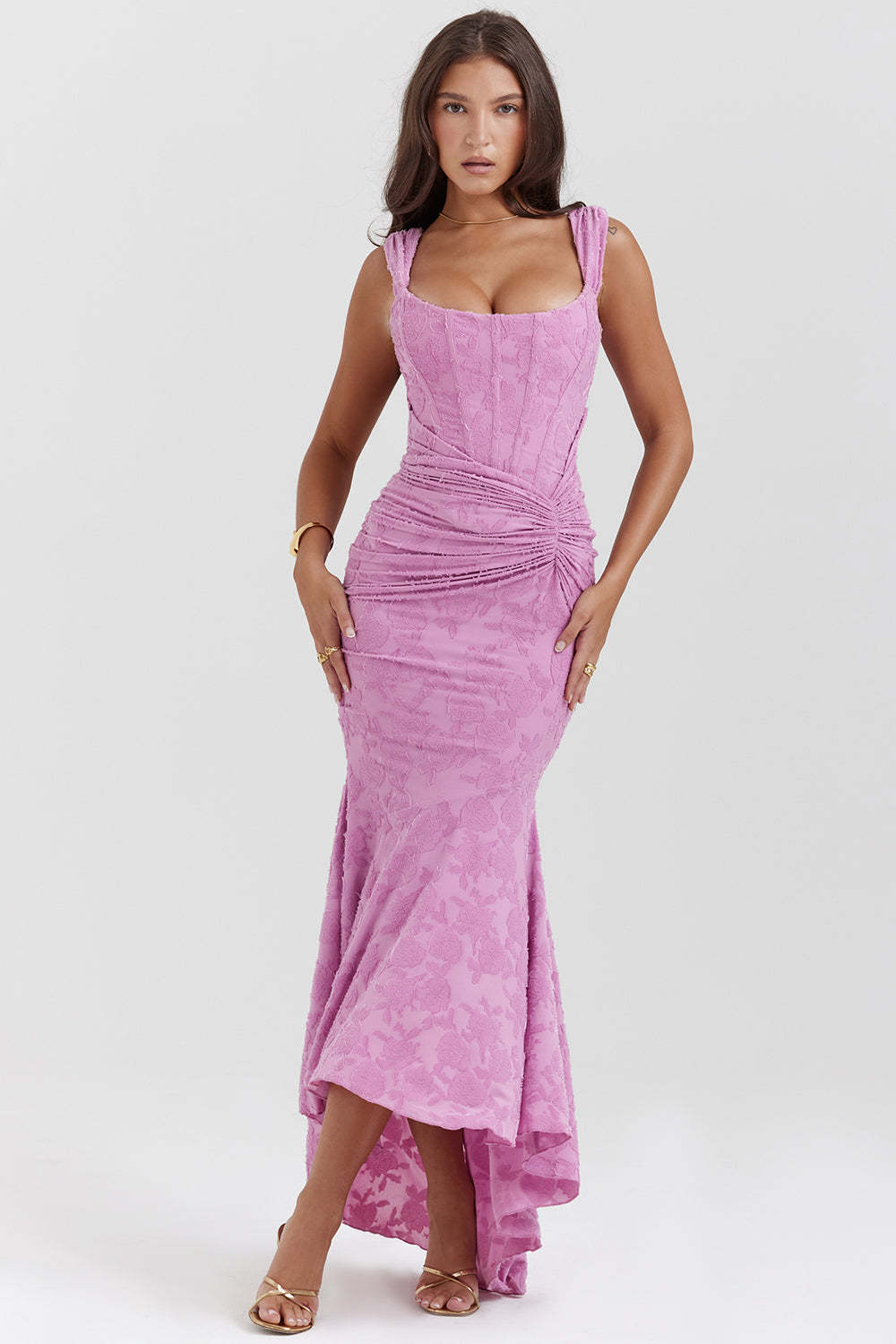 H623Elegant Feminine Apparel Collection: Contemporary Solid Colored Herringbone Fabric Long Gown for Modern Ladies