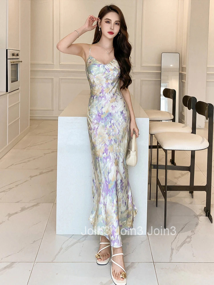 New Summer Satin Elegant Women Evening Long Dress Print Sexy Strap Backless Slim Midi Party Prom Beach Robe Femme Mujer Vestidos