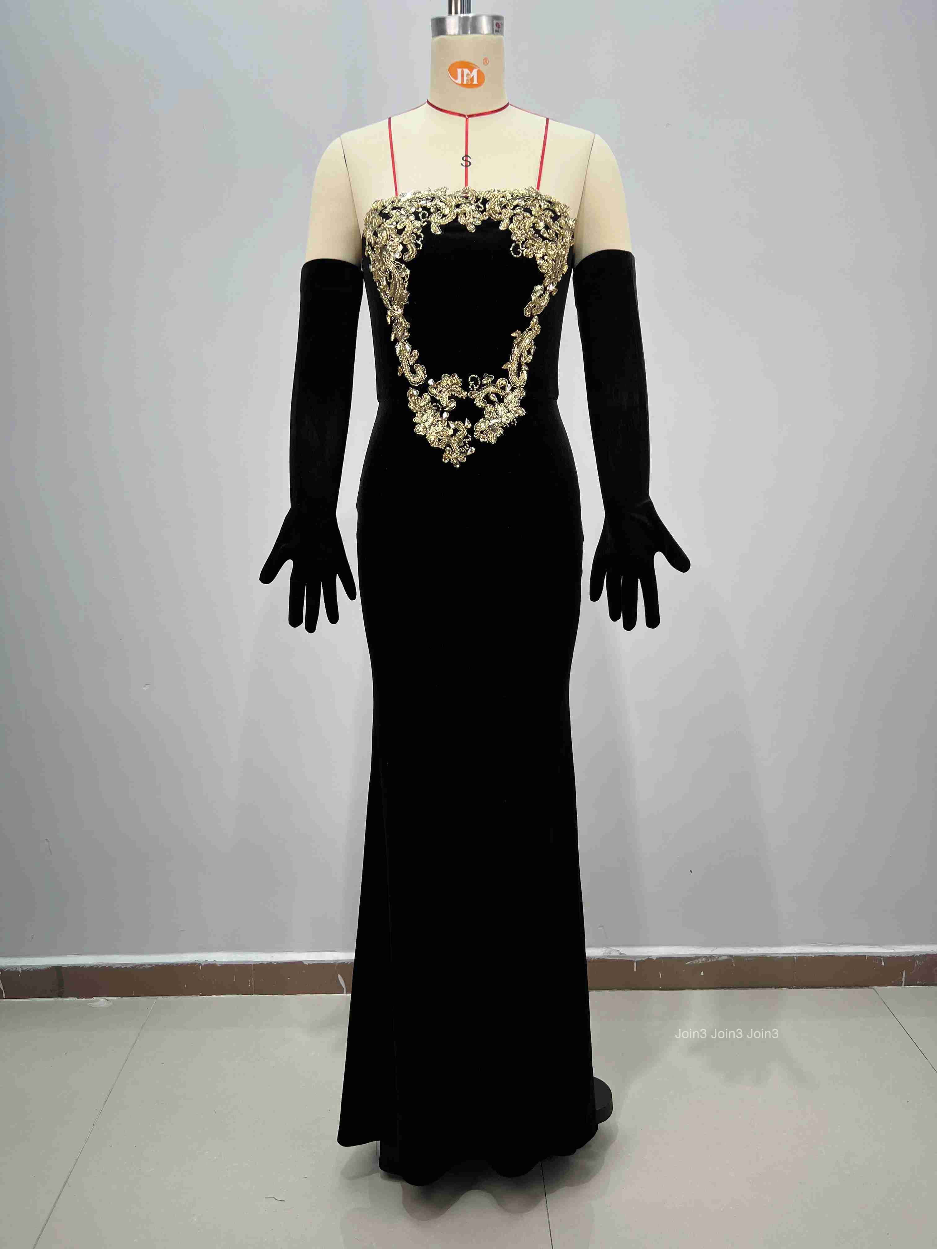Womens Black Velvet Bandage Dress Gold Embroidered Strapless Backless Mermaid Gown Fishtail Evening Party Dress