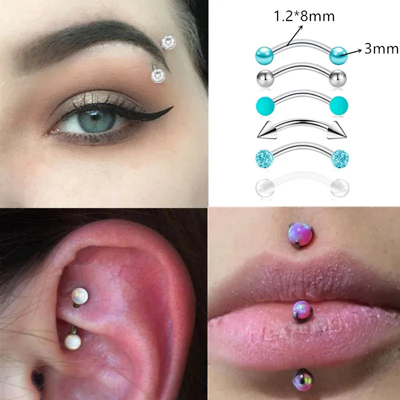 6PCS Stainless Steel Crystal Eyebrow Piercing Set 16G CZ Curved Barbell Helix Daith Lot Tongue Snake Eyes Bulk 250613