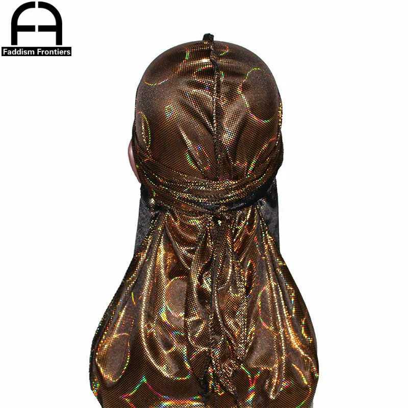 New Mens Colorful Sparkly Silky Durags Turban Bandanas Headwear Laser Men Silk DuRag Doo Rag Pirate Hat Hair Accessories Durags M250623