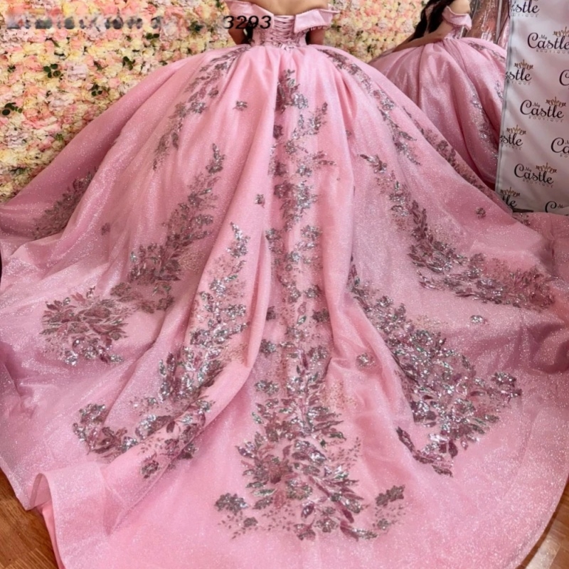 Pink Shiny Ball Gown Quinceanera Dresses Sequin Applique Lace Beading Crystal Tull Sweet 16 Dress Vestidos De 15 Anos
