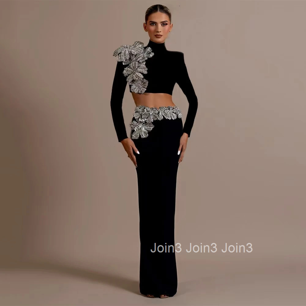 Hot Selling Fashion Women Half High Neck Long Sleeved Floral Diamond Short top Hip Wrapped Skirt Black Bandage Two-piece Sets