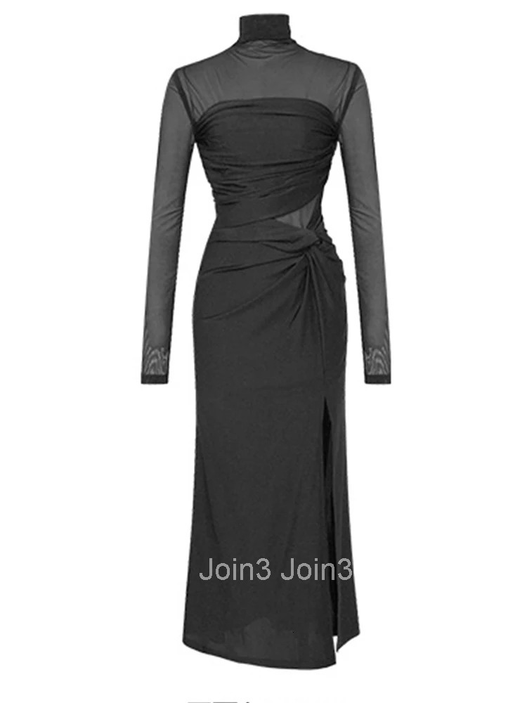 New Fashion Elegant Black Asymmetrical Evening Long Dress Women Clothes Sheer Sexy Long Sleeve Skinny Robe Party Prom Vestidos
