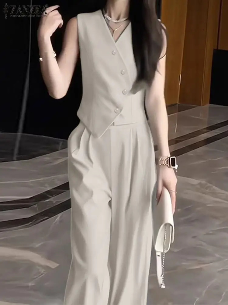 ZANZEA Elegant Summer Sleeveless Tops Wide Leg Trousers 2 Piece Sets Solid Office Lady Outfit OL Work Pants 2PCS 250616