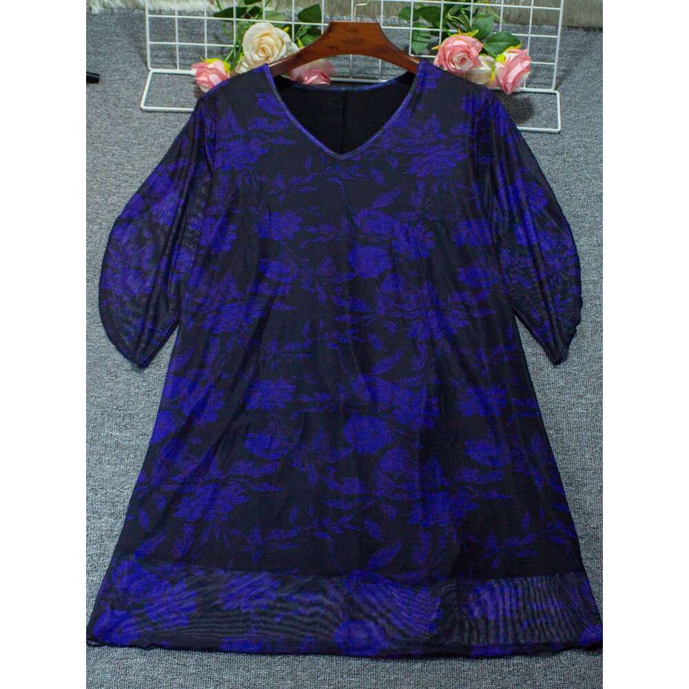 Boho Floral Print Maxi - Layered Mesh V-Neck Plus Size Women's Dress