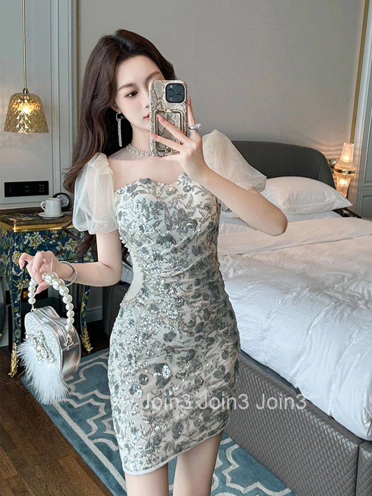 New Summer Retro Elegant Luxury Mesh Silver Sequin Evening Dress Women Clothes Sheer Sexy Short Sleeve Slim Party Prom Vestidos