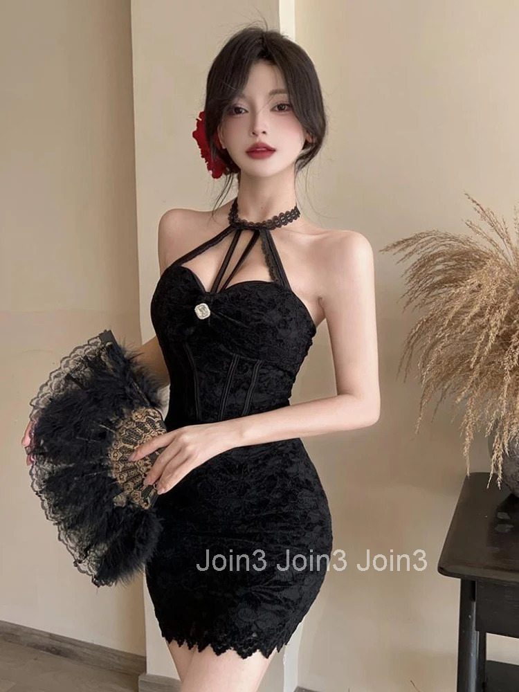 Women Clothes Y2K Hotsweet Lace Sexy Halter Backless Skinny Mini Short Dress Elegant Fashion Evening Party Club Prom Vestido New