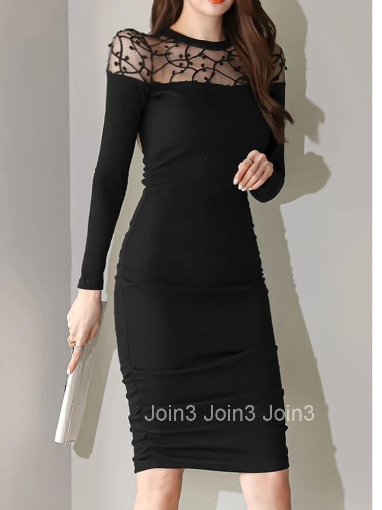 Spring Autumn Elegant Women Evening Dress Temperament Mesh Sheer Sexy O-Neck Slim Midi Party Street Clothes Femme Mujer Vestidos