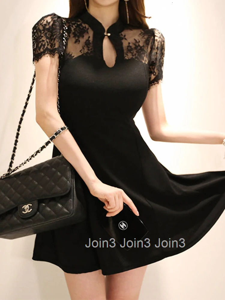 Korean Elegant Women Evening Dress Lady Black Retro Sexy Hollow Lace Sheer Slim Mini Gown Party Club Femme Mujer Vestido Summer