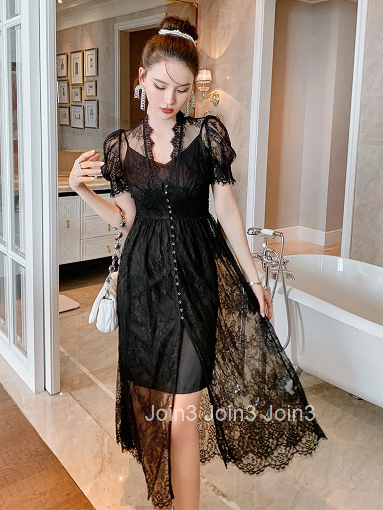 Korean Style Vintage Sexy V-Neck Short Sleeve Maxi Party Dress Ladies OL Elegant Coffee Break Robe Lace Perspective Beach Dress