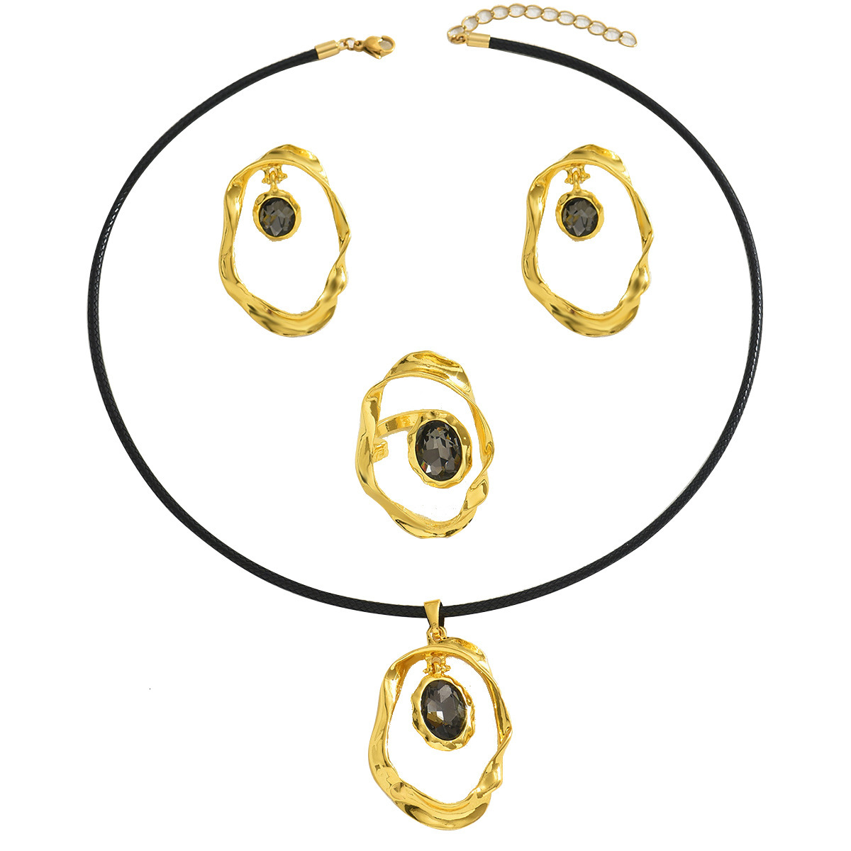 Fashion Women's Jewelry Set Irregular Necklace Earrings Inlaid Crystal Ring
