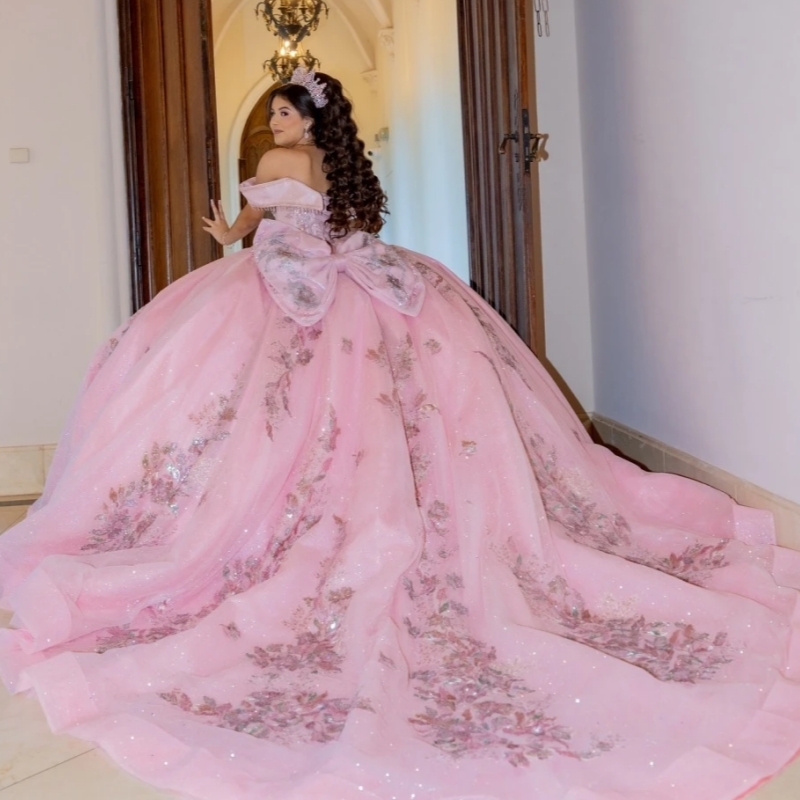 Pink Shiny Ball Gown Quinceanera Dres Glitter Sequins Lace Applique Beading Sweet 16 Vestidos De 15 Anos