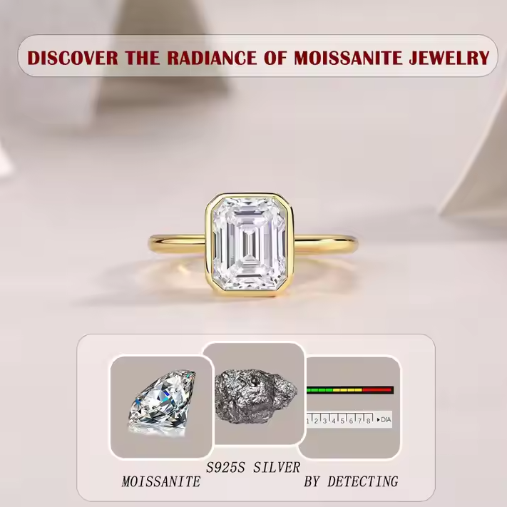 3ct Emerald Cut Moissanite Engagement Ring D Color VVS1 18K Gold Plated Band Modern Minimalist Bezel Set Design
