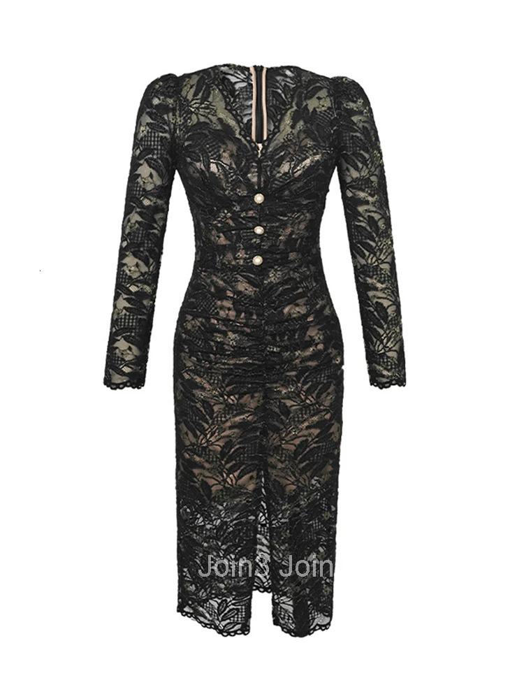 Spring Autumn Women Evening Dress Chic Lace Sheer Sexy V-Neck Folds Slit Slim Midi Party Club Prom Street Clothes Mujer Vestidos