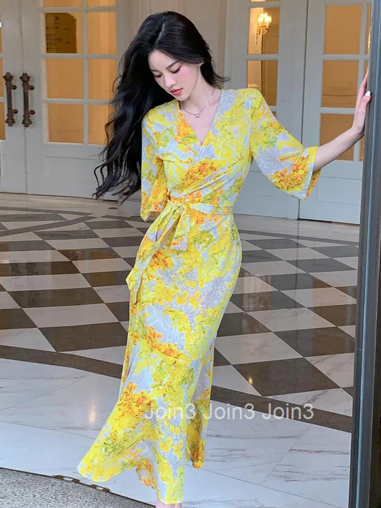 Summer Vacation Long One Piece Dress Women Clothes Elegant Pretty Print Casual V-Neck Lace-up Slim Maxi Beach Robe Mujer Vestido