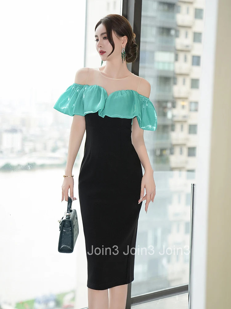 New Summer Mesh Splic O-Neck Gown Evening Dress Women Clothes Elegant Ruffle Sexy Off-Shoulder Skinny Party Club Prom Vestidos