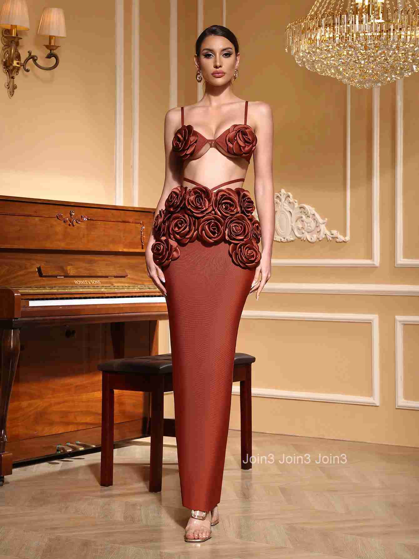 Womens Coffee Color Bandage Dress 3D Rose Crisscross Backless Mermaid Evening Gown High Slit Formal Party Dress