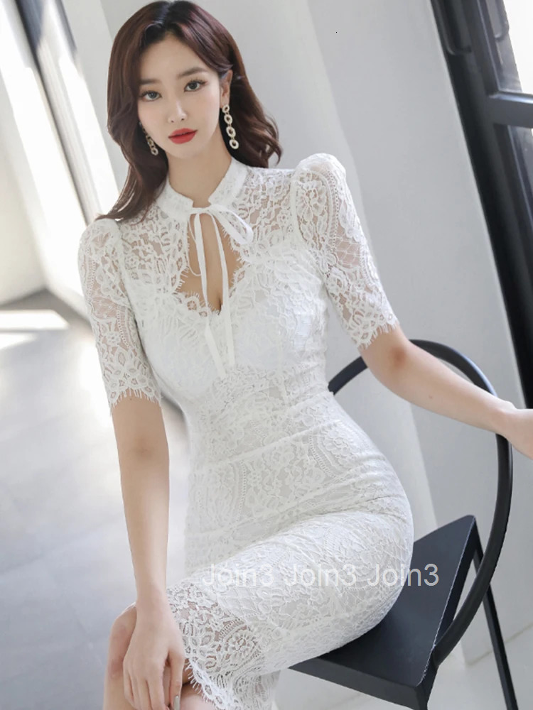 Korean Fashion Lace Pencil Dress Women Ladies Clothes Elegant Solid Hollow Sheer Sexy V-Neck Slim Midi Party Prom Mujer Vestidos