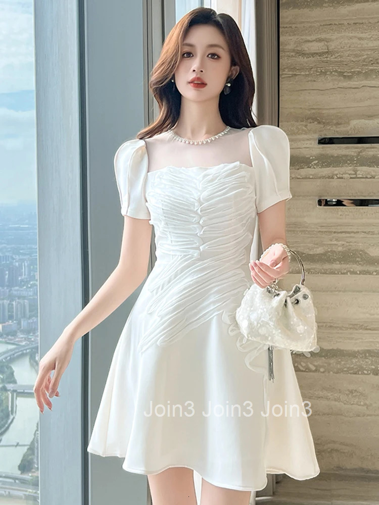Summer Casual White Sweet Evening Dress Women Clothes Elegant Retro Sheer Sexy Puff Sleeve Slim A-Line Short Party Prom Vestidos