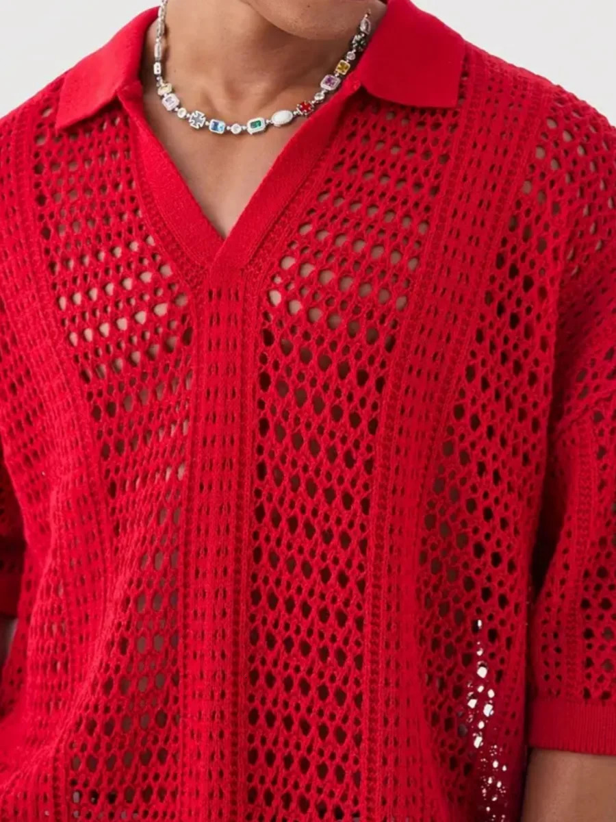 Fashion Red Knitted Polo Shirts for Men Hollow Out Mesh Texture Short Sleeve T-shirts Spring Summer Light Mature Style Knit Tops 250616