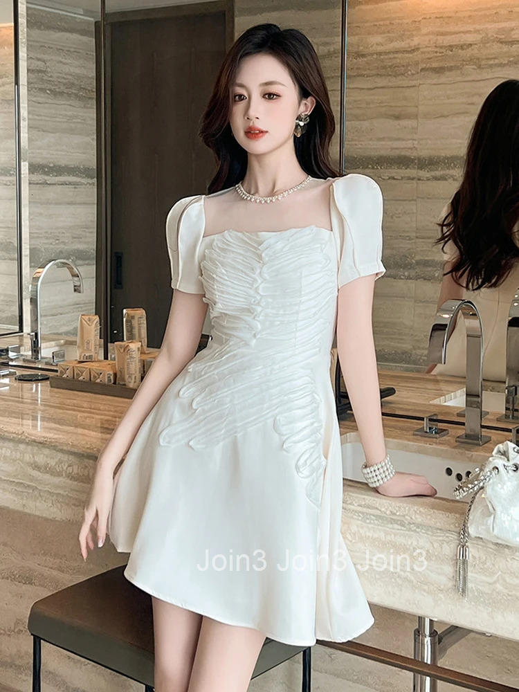 Summer Casual White Sweet Evening Dress Women Clothes Elegant Retro Sheer Sexy Puff Sleeve Slim A-Line Short Party Prom Vestidos
