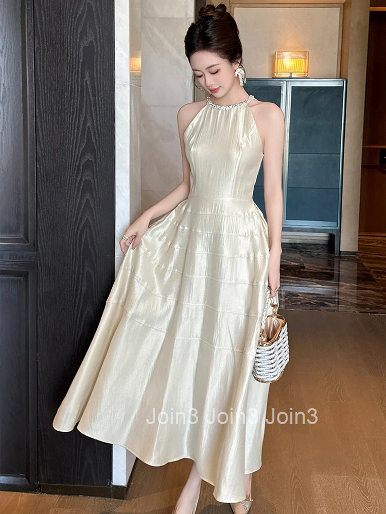 Summer French Fashion Satin Gown Evening Dress Women Clothes Elegant Casual Sexy Sleeveless Slim Midi Robe Party Prom Vestidos