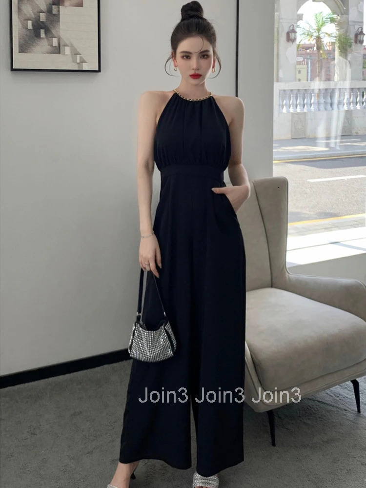 Korean Women One Piece Jumpsuits Black Vintage Sexy Chain Halter High Waist Party Club Lady Mujer Wide Leg Loose Rompers Summer