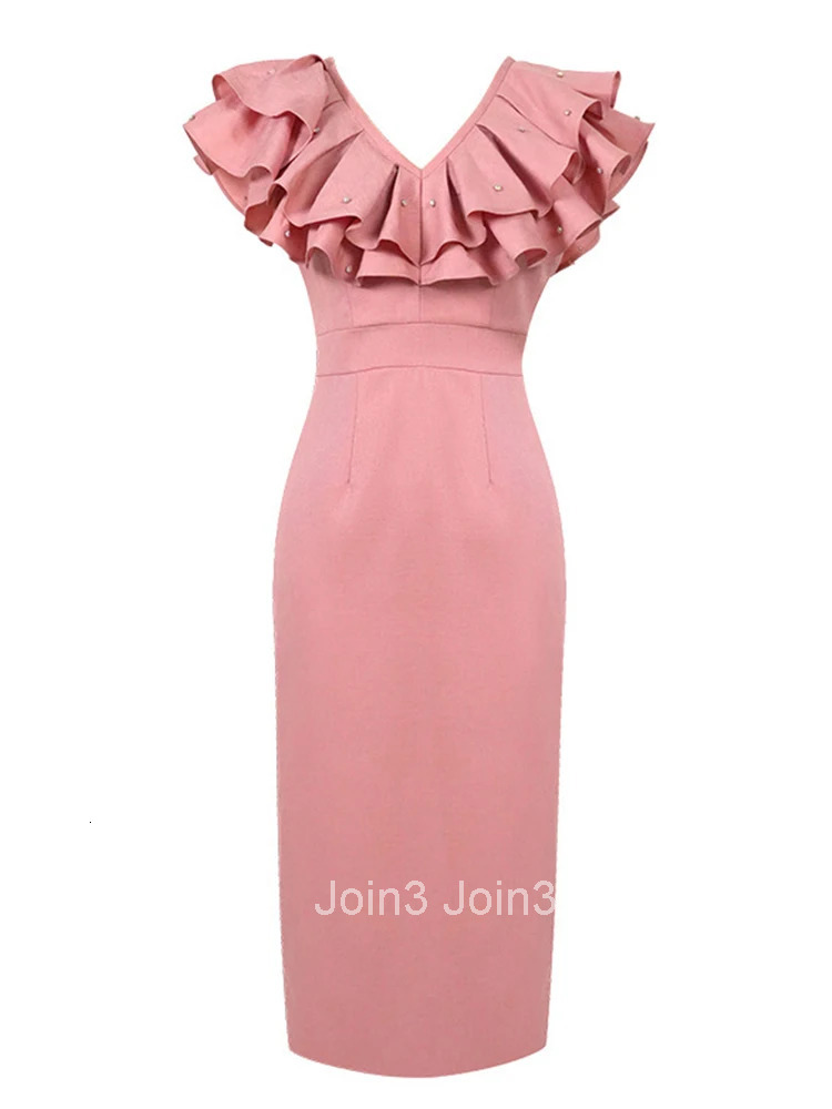 New Elegant Summer Fashion Pink Evening Dress Women Clothing Formal Occasion Sweet Ruffle V-Neck Slim Party Prom Vestidos Fiesta