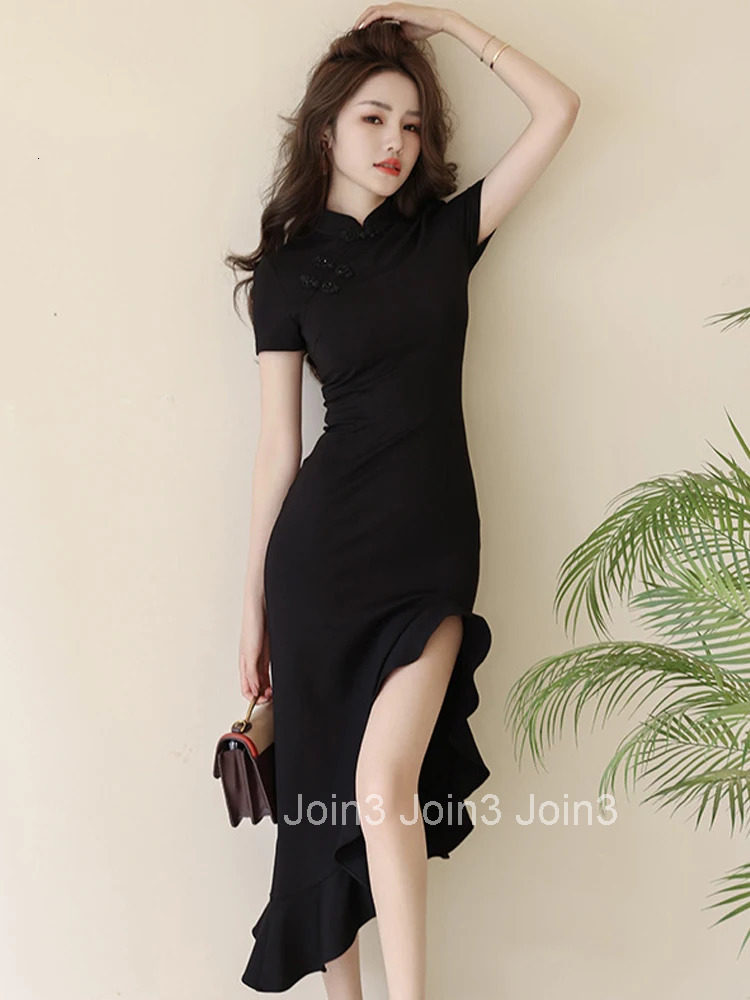 New High Quality Summer Chinese Style Elegant Women Evening Dress Mujer Black Stand Neck Slim Midi Party Club Prom Robe Vestidos
